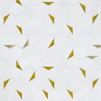Sample display board of Royal White Hexagon with Gold Accents Mosaic Tile – elegant polished marble layout for showroom