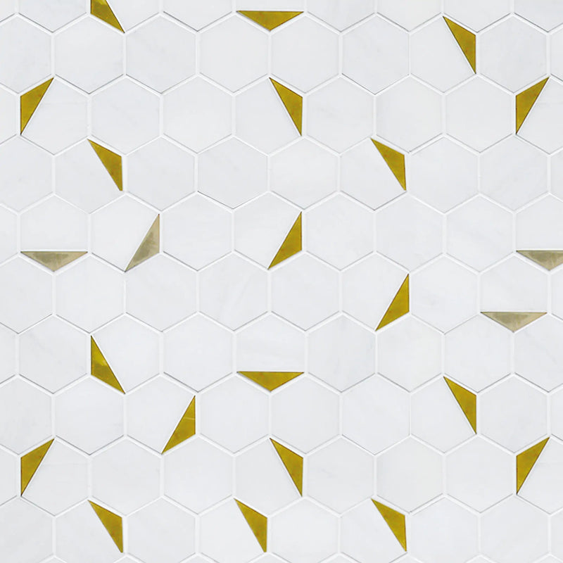 Sample display board of Royal White Hexagon with Gold Accents Mosaic Tile – elegant polished marble layout for showroom