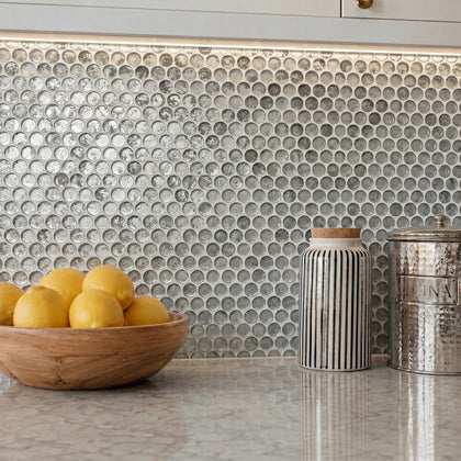Blue & Gray Textured Penny Round 12-in x 12-in Glass Mosaic Wall Tile ( 10 sq. ft. /Box )