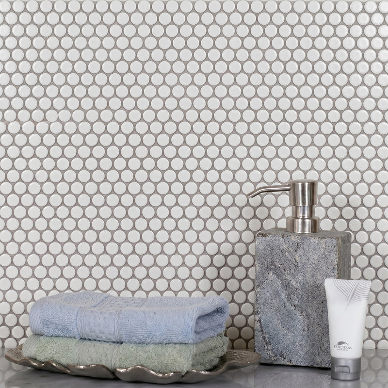 Penny Round White 12.4-in x 11-1/2 Matte Glazed Porcelain Mosaic Floor and Wall Tile( 20 sq. ft. /Box )
