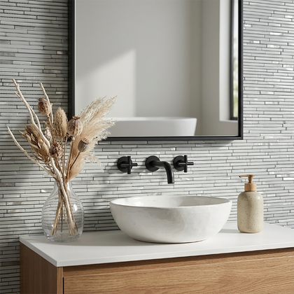 White Shadow Glass Mix Thin Strip 12-in x 12-in Glass Mosaic Wall Tile( 10 sq. ft. /Box )