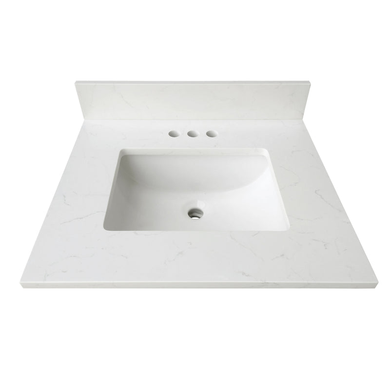 25" Carrara Quartz Vanity Top with Sink, featuring a sleek white surface and a modern sink design.