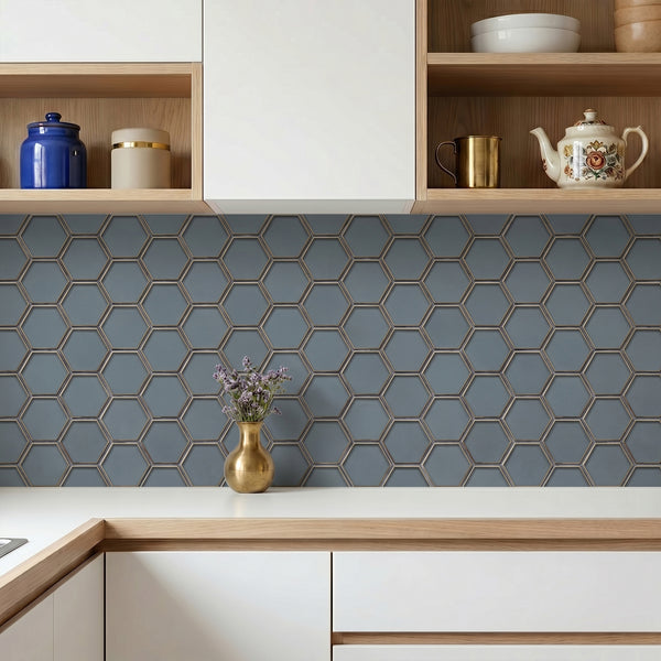 3-in Hexagon Dark Blue Glass with Silver Edge 11-in x 9-in Glass Mosaic Wall Tile( 7 sq. ft. /Box )