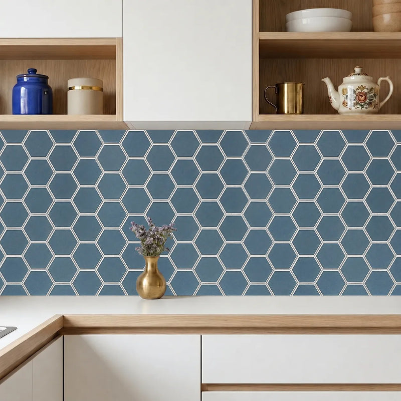 3-in Hexagon Dark Blue Glass with Silver Edge 11-in x 9-in Glass Mosaic Wall Tile( 7 sq. ft. /Box )