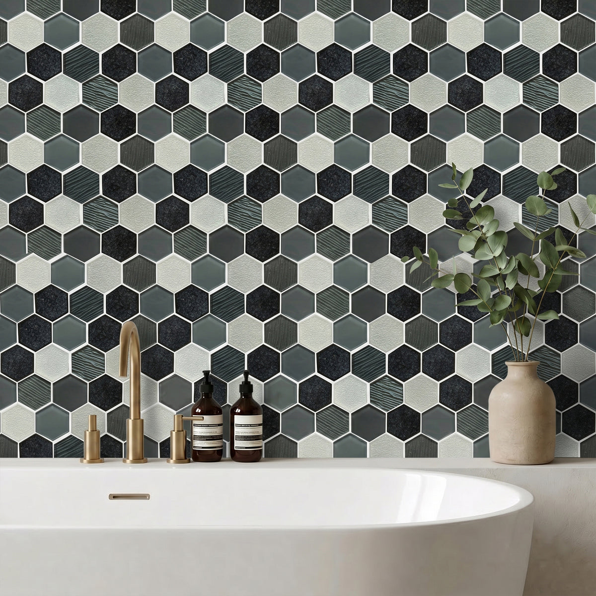 12-in x 11-in Palladian Gray Hex Glass & Porcelain Mosaic Wall Tile( 8.3 sq. ft. /Box )