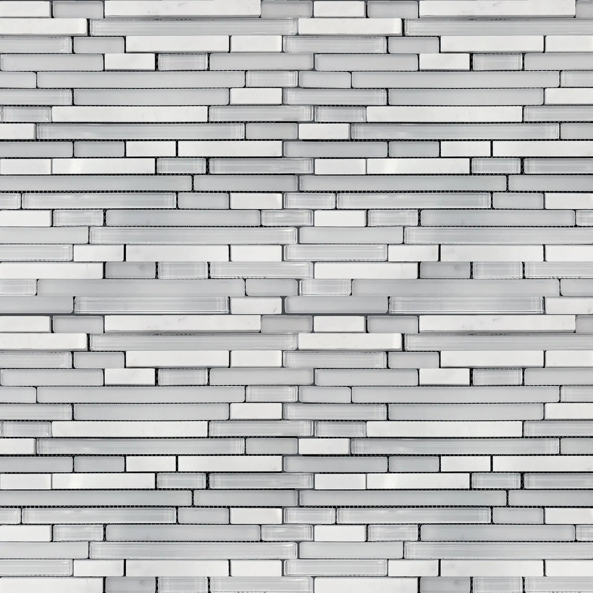 Sample display board showcasing White Staccato Marble & Glass Random Strips Mosaic Tile – bright and elegant white marble with glass strips.