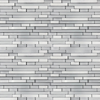 Sample display board showcasing White Staccato Marble & Glass Random Strips Mosaic Tile – bright and elegant white marble with glass strips.