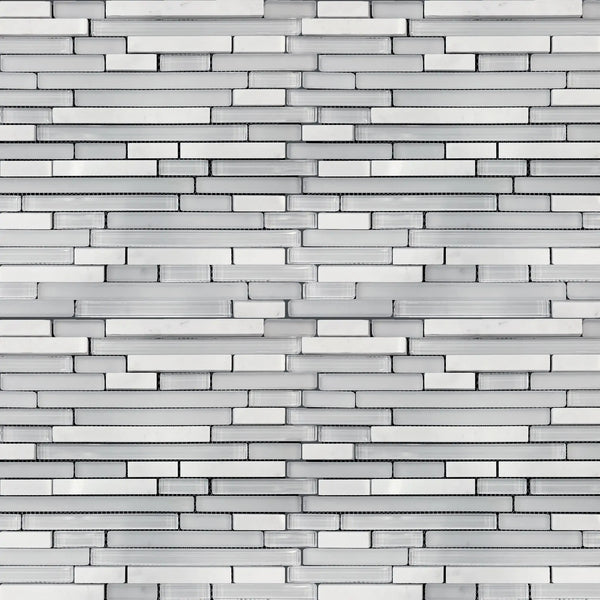 Sample display board showcasing White Staccato Marble & Glass Random Strips Mosaic Tile – bright and elegant white marble with glass strips.