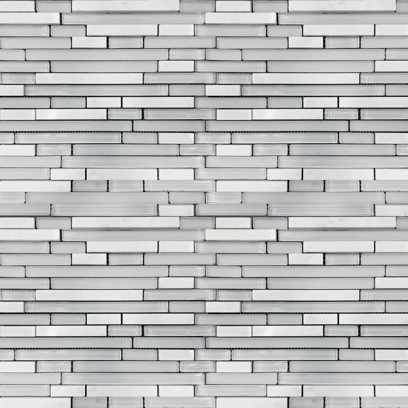 Sample display board showcasing White Staccato Marble & Glass Random Strips Mosaic Tile – bright and elegant white marble with glass strips.