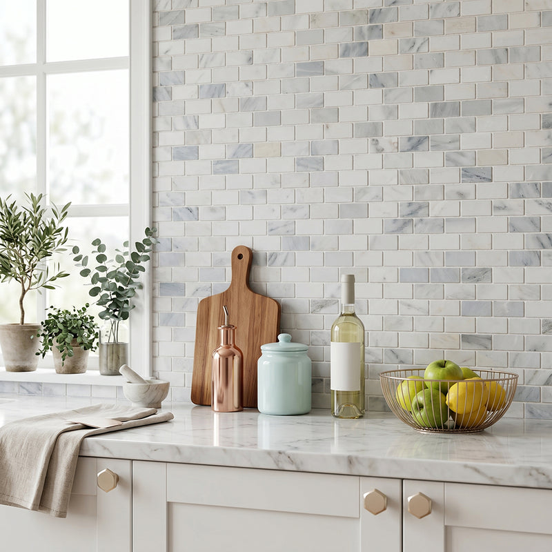 Brick Oriental White 12-in x 12-in Polished Marble Mosaic Wall Tile( 5 sq. ft. /Box )