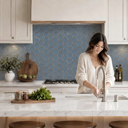 3-in Hexagon Dark Blue Glass with Silver Edge 11-in x 9-in Glass Mosaic Wall Tile( 7 sq. ft. /Box )