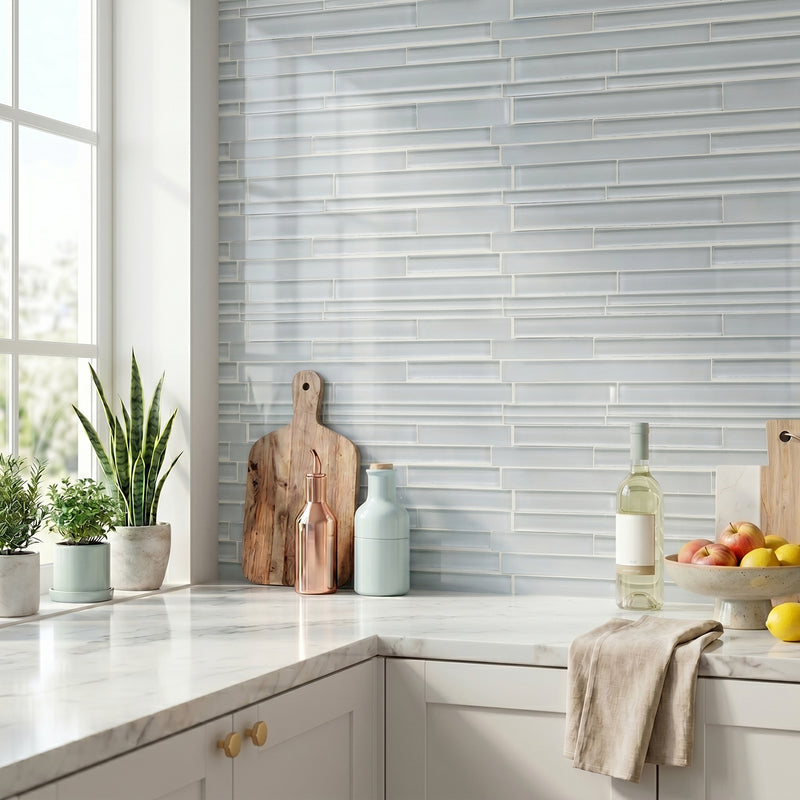 Nude Denim Glass Mix Random Strip 6-in x 18-in Glass Mosaic Wall Tile( 7.5 sq. ft. /Box )