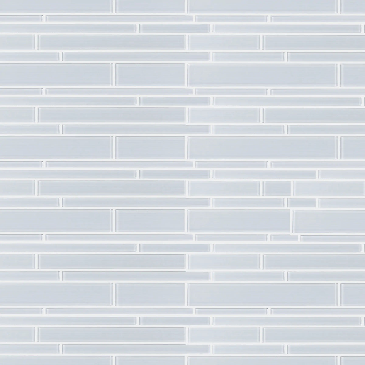 Sample display board featuring Ice Glass Mix Random Strip Decorative Mosaic Tile – cool, textured glass strips for showroom presentation.