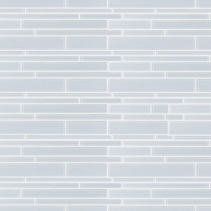 Sample display board featuring Ice Glass Mix Random Strip Decorative Mosaic Tile – cool, textured glass strips for showroom presentation.