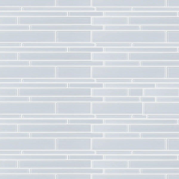 Sample display board featuring Ice Glass Mix Random Strip Decorative Mosaic Tile – cool, textured glass strips for showroom presentation.