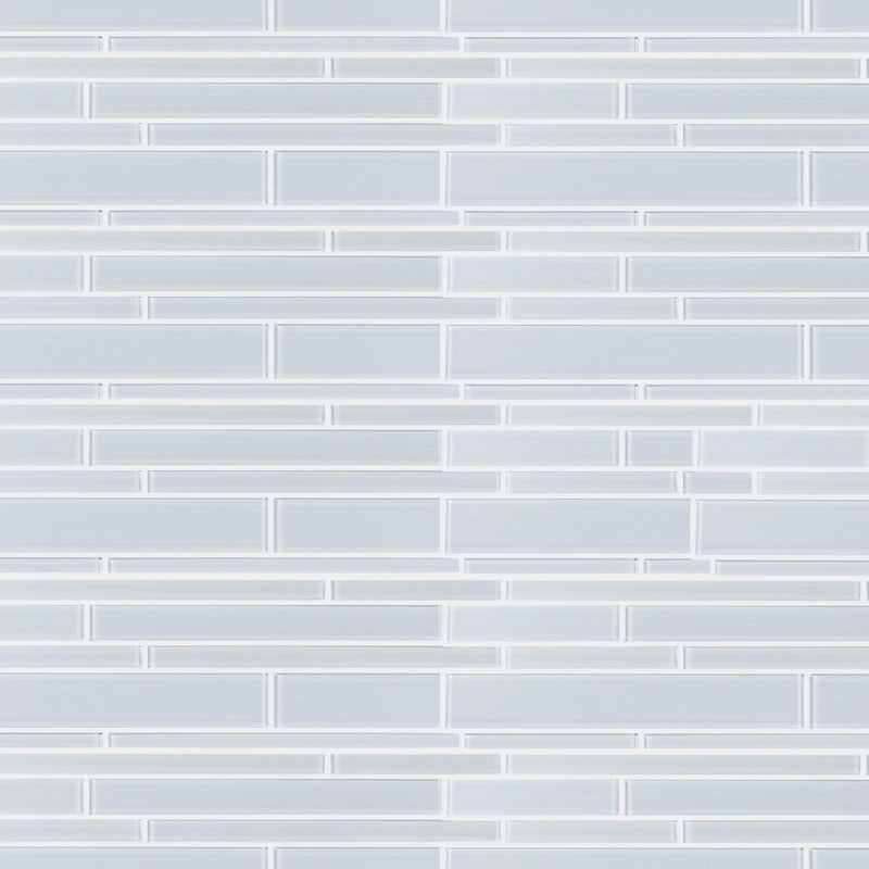 Sample display board featuring Ice Glass Mix Random Strip Decorative Mosaic Tile – cool, textured glass strips for showroom presentation.