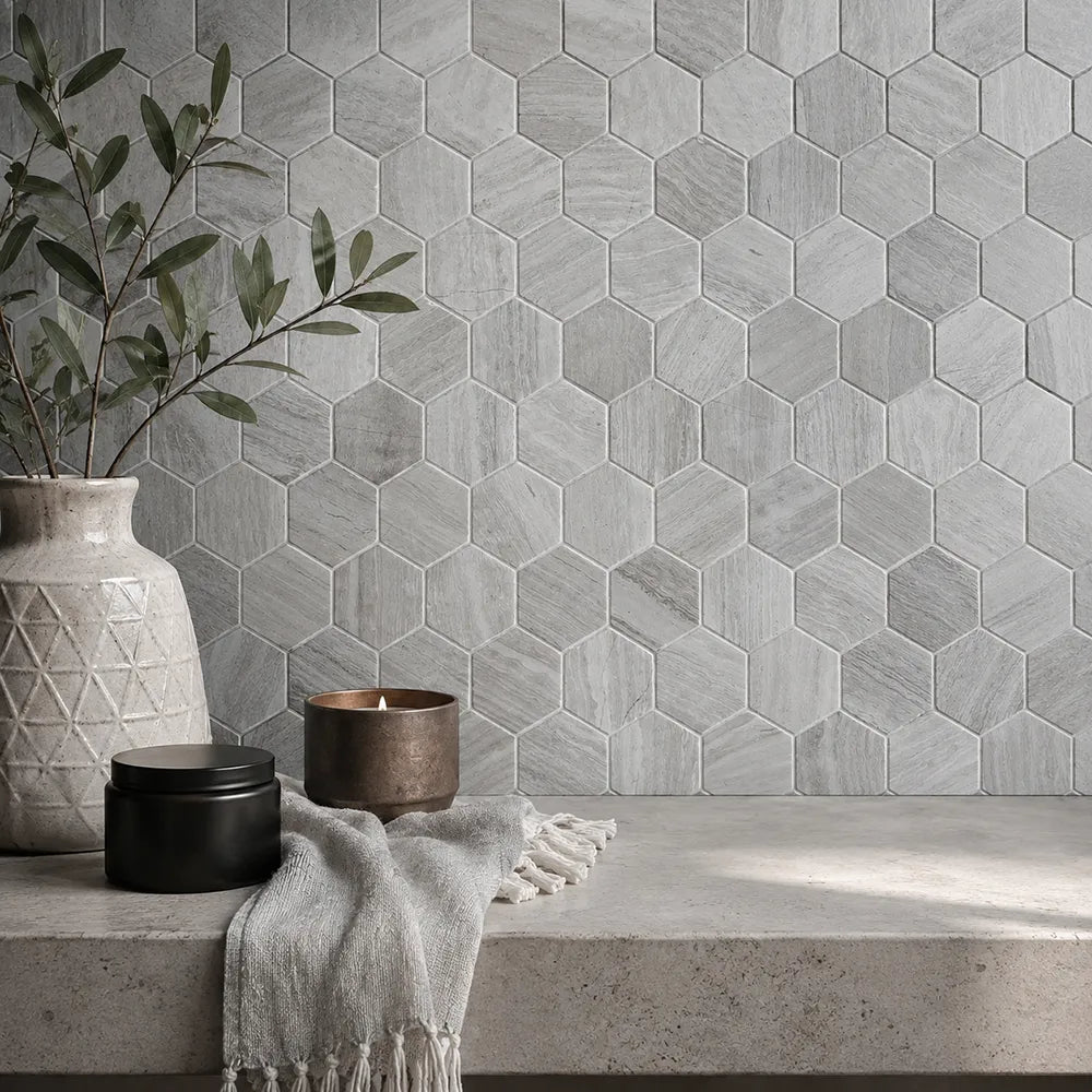 3-in Wooden gray Hexagon 12-in x 10-in Honed Marble Mosaic Wall Tile( 4.15 sq. ft. /Box )