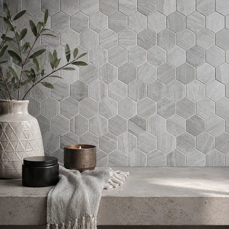 3-in Wooden gray Hexagon 12-in x 10-in Honed Marble Mosaic Wall Tile( 4.15 sq. ft. /Box )