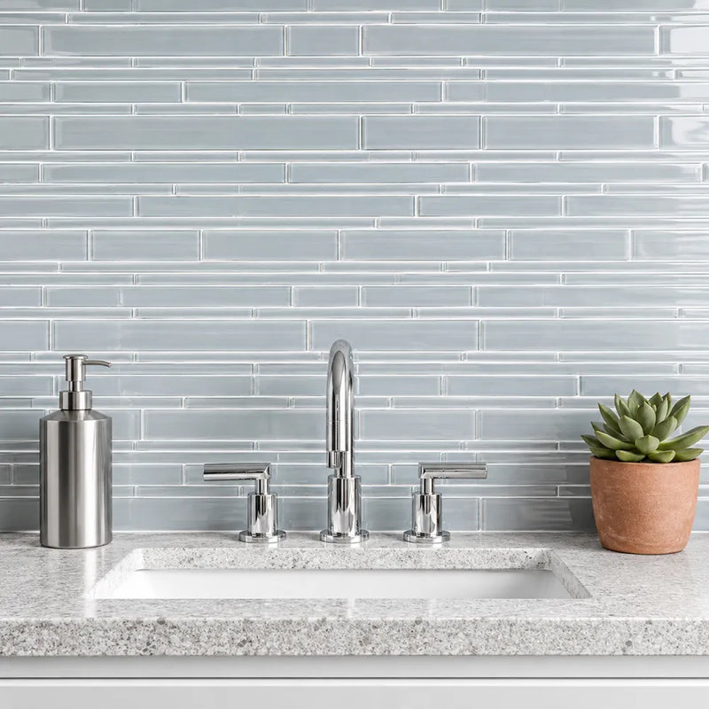 6-in x 18-in Ice Denim Glass Mix Random Strip Mosaic Wall Tile( 7.5 sq. ft. /Box )