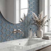 3-in Hexagon Dark Blue Glass with Silver Edge 11-in x 9-in Glass Mosaic Wall Tile( 7 sq. ft. /Box )