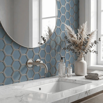3-in Hexagon Dark Blue Glass with Silver Edge 11-in x 9-in Glass Mosaic Wall Tile( 7 sq. ft. /Box )