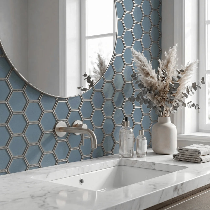 3-in Hexagon Dark Blue Glass with Silver Edge 11-in x 9-in Glass Mosaic Wall Tile( 7 sq. ft. /Box )
