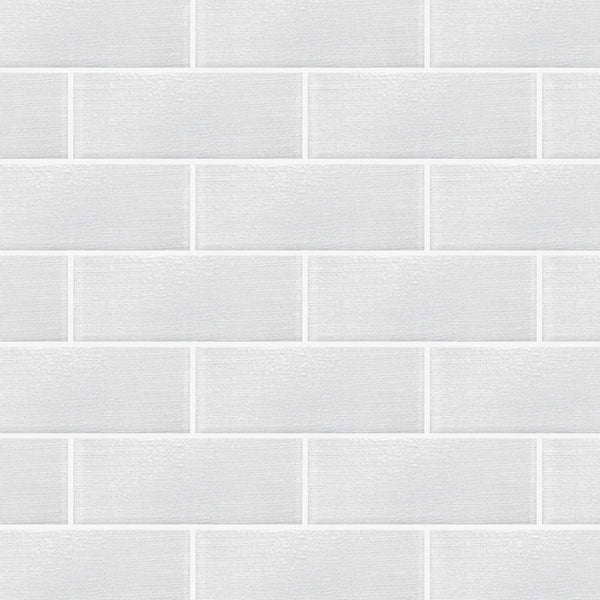 Sample display board featuring Linen Ice Glass Wall Tile – elegant 3x8 inch glass tiles with subtle linen texture for showroom display.