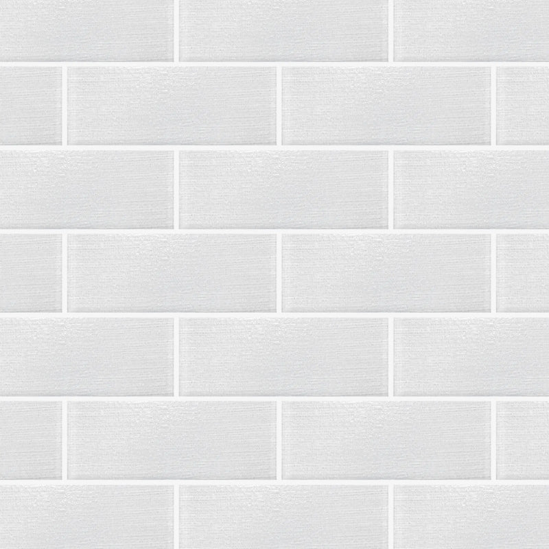 Sample display board featuring Linen Ice Glass Wall Tile – elegant 3x8 inch glass tiles with subtle linen texture for showroom display.