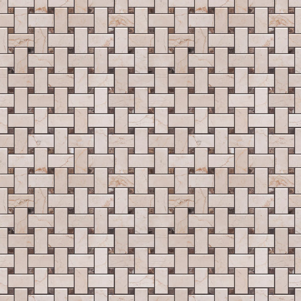 Cream Marfil+Emperador Basketweave Polished Marble Mosaic Floor and Wall Tile - Sample (Product Shown is Full Size)