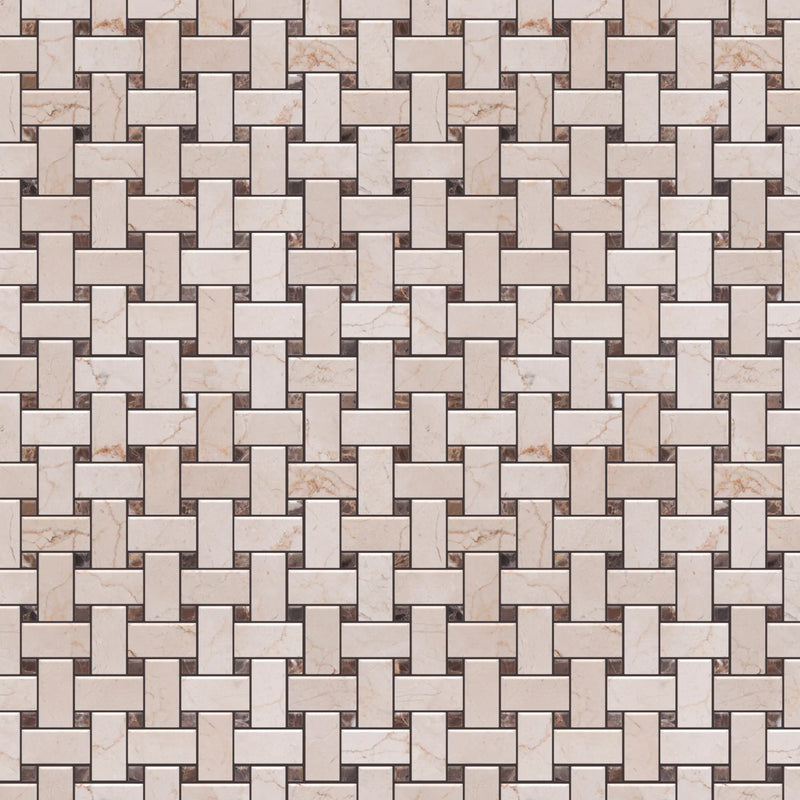Cream Marfil+Emperador Basketweave Polished Marble Mosaic Floor and Wall Tile - Sample (Product Shown is Full Size)