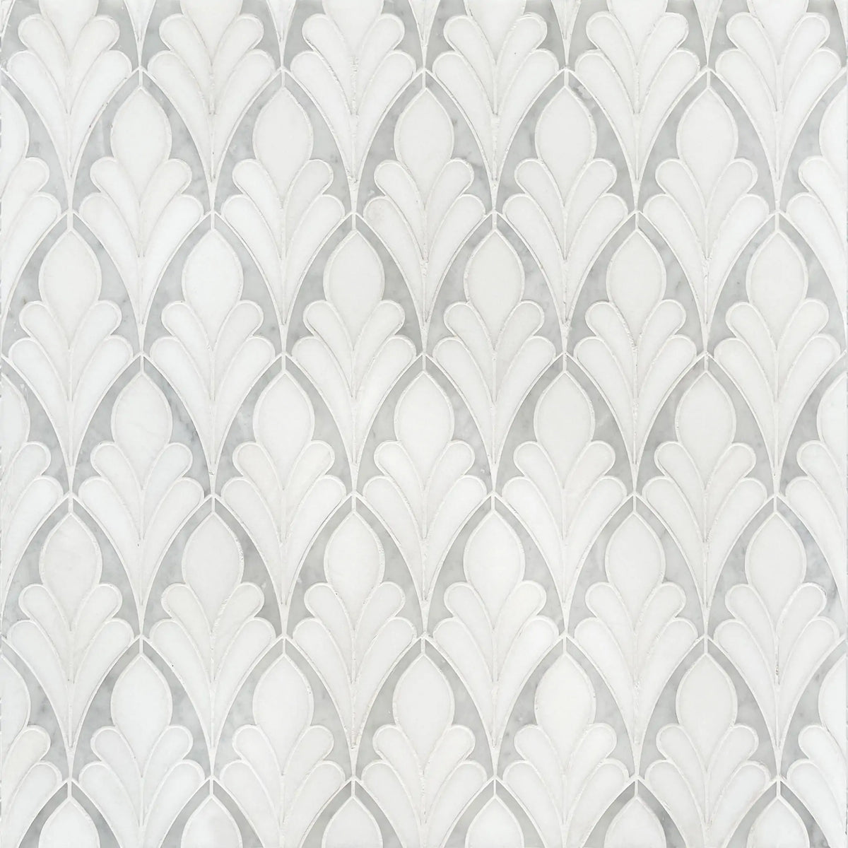 Sample display board featuring Carrara & Thassos Soft Floral Marble Waterjet Mosaic Tile – artistic 7x12 inch marble mosaic layout.