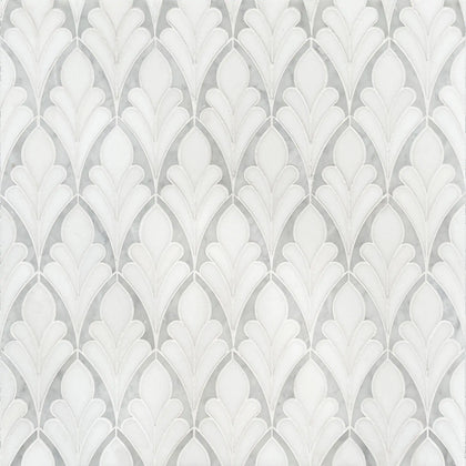 Sample display board featuring Carrara & Thassos Soft Floral Marble Waterjet Mosaic Tile – artistic 7x12 inch marble mosaic layout.