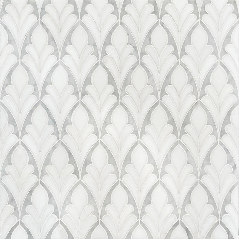 Sample display board featuring Carrara & Thassos Soft Floral Marble Waterjet Mosaic Tile – artistic 7x12 inch marble mosaic layout.