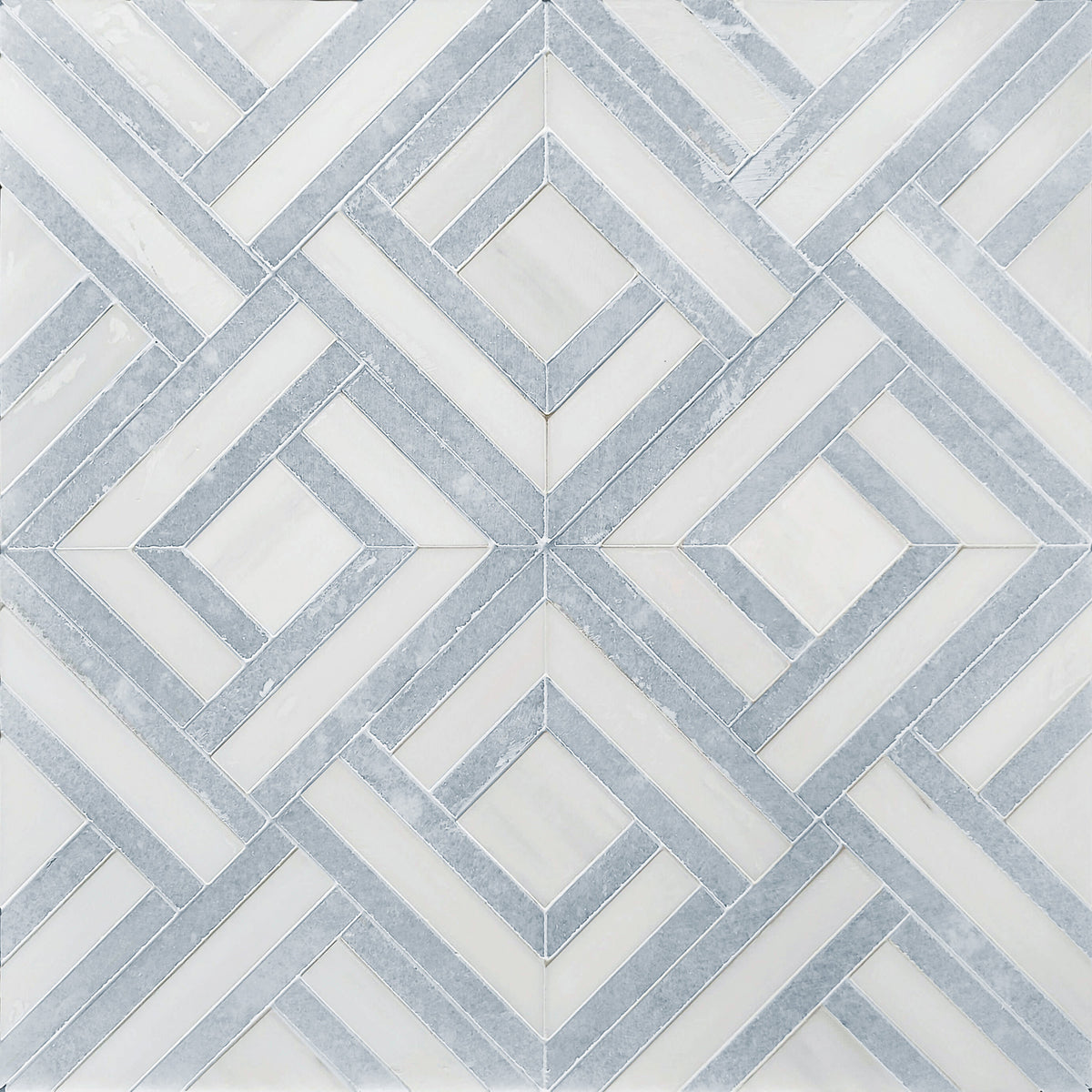 Display board with Blue Celeste & Dolomite Waterjet Marble Mosaic Tiles in full layout – 1 sq. ft per tile
