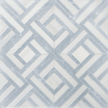 Display board with Blue Celeste & Dolomite Waterjet Marble Mosaic Tiles in full layout – 1 sq. ft per tile