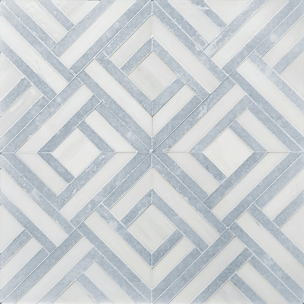 Display board with Blue Celeste & Dolomite Waterjet Marble Mosaic Tiles in full layout – 1 sq. ft per tile