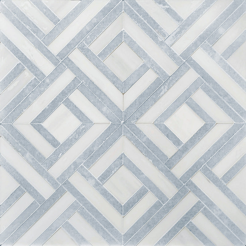 Display board with Blue Celeste & Dolomite Waterjet Marble Mosaic Tiles in full layout – 1 sq. ft per tile