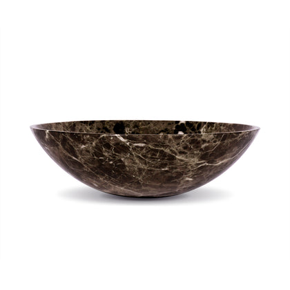 17 inch dark emperador marble vessel sink showcasing deep espresso brown tones and elegant round design.