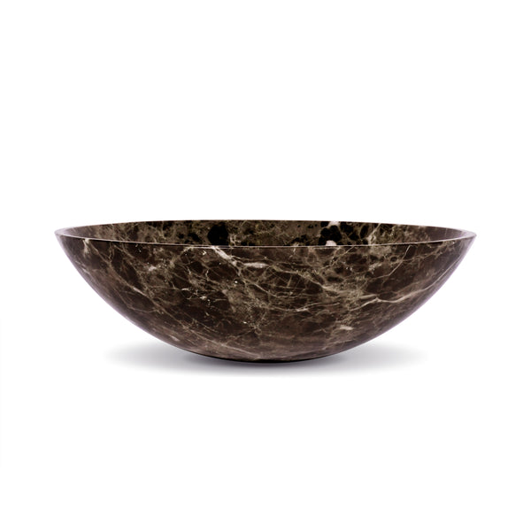 17 inch dark emperador marble vessel sink showcasing deep espresso brown tones and elegant round design.