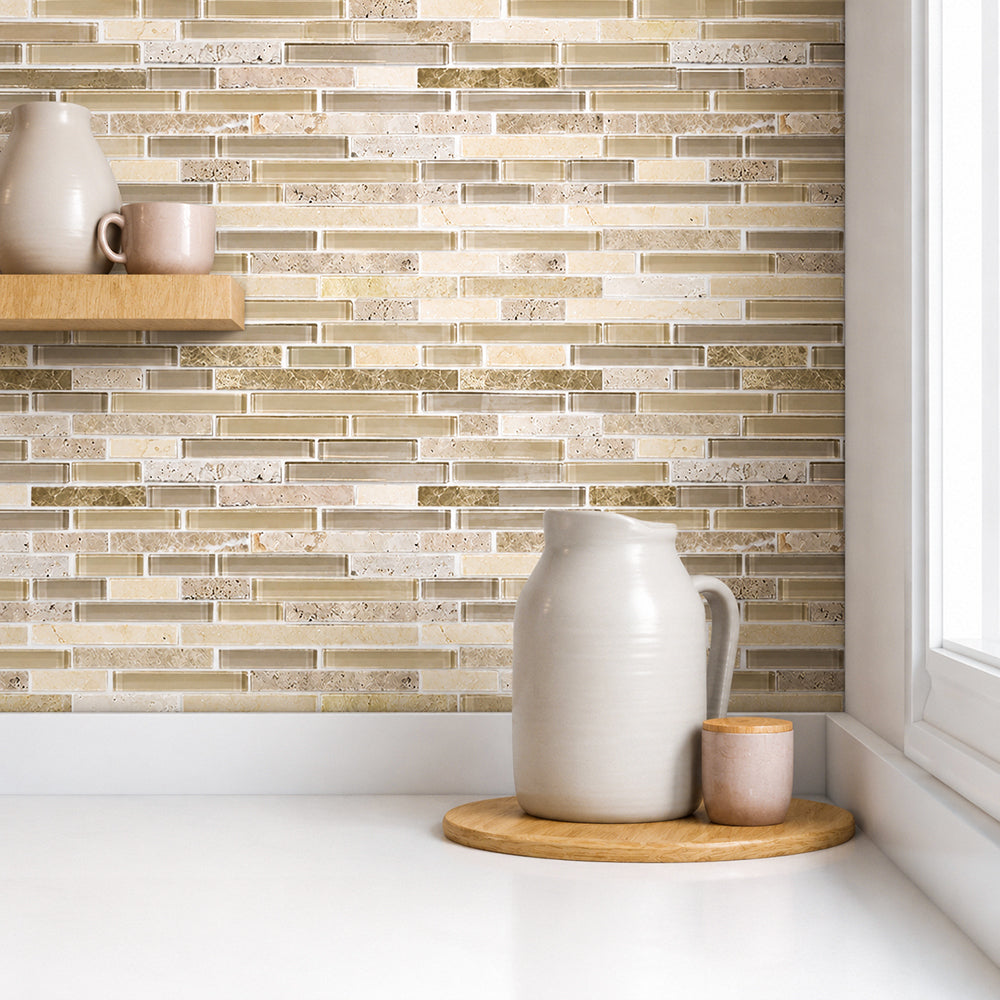 Sandy Dune Marble & Glass Random Strip 12-in x 12-in Glass Mosaic Wall Tile( 10 sq. ft. /Box )