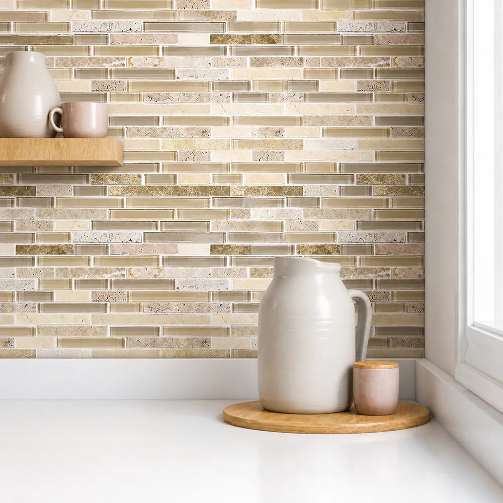 Sandy Dune Marble & Glass Random Strip 12-in x 12-in Glass Mosaic Wall Tile( 10 sq. ft. /Box )