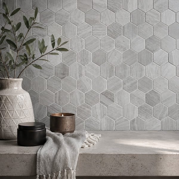 3-in Wooden gray Hexagon 12-in x 10-in Honed Marble Mosaic Wall Tile( 4.15 sq. ft. /Box )