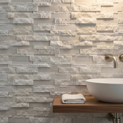 White Split Faced Random Strip Slate Quartzite Natural Finished Mixed with 12-in x 12-in Honed Mosaic Wall Tile( 5 sq. ft. /Box )