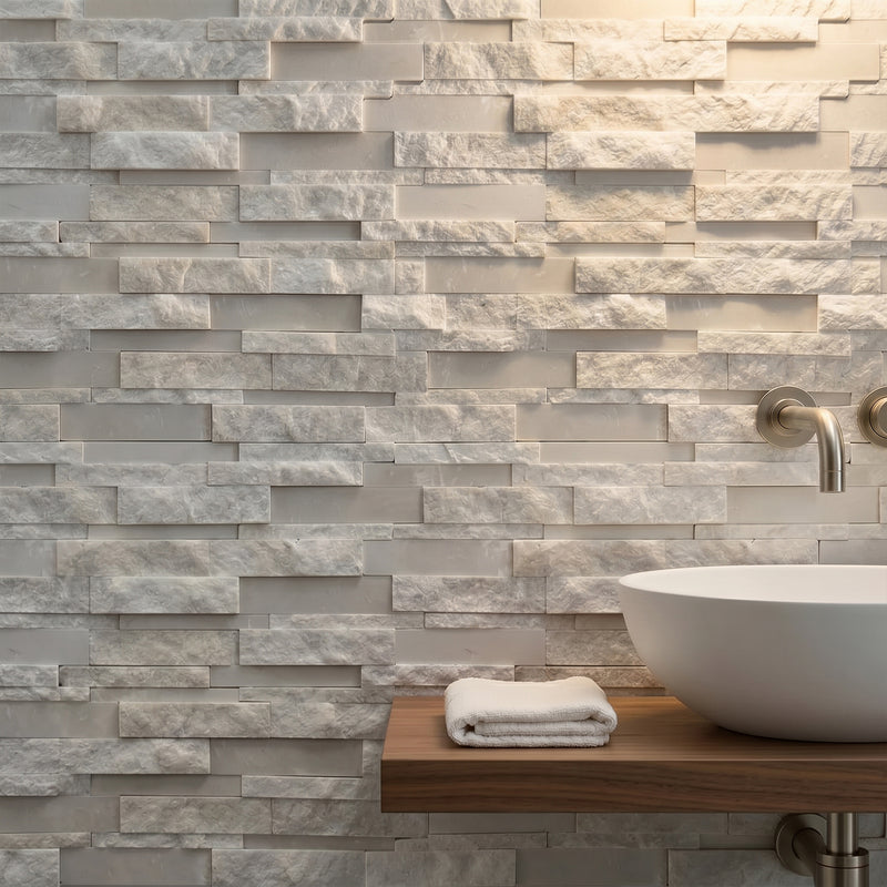 White Split Faced Random Strip Slate Quartzite Natural Finished Mixed with 12-in x 12-in Honed Mosaic Floor and Wall Tile( 5 sq. ft. /Box )