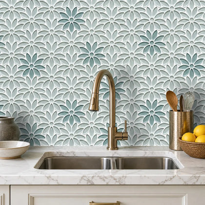 Blue & Taupe 9-in x 11-in Glass Flower Mosaic Wall Tile( 7 sq. ft. /Box )