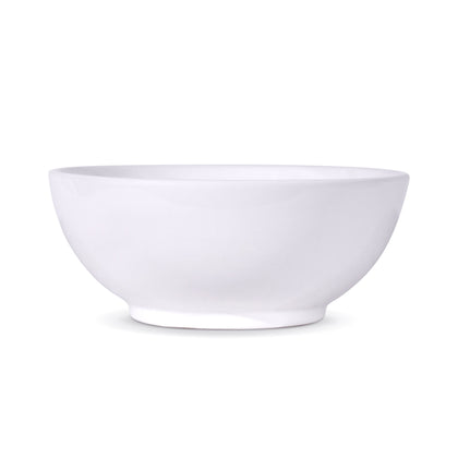 15 inch white ceramic vessel sink displayed from the side, showcasing its smooth round design and elegant white finish.