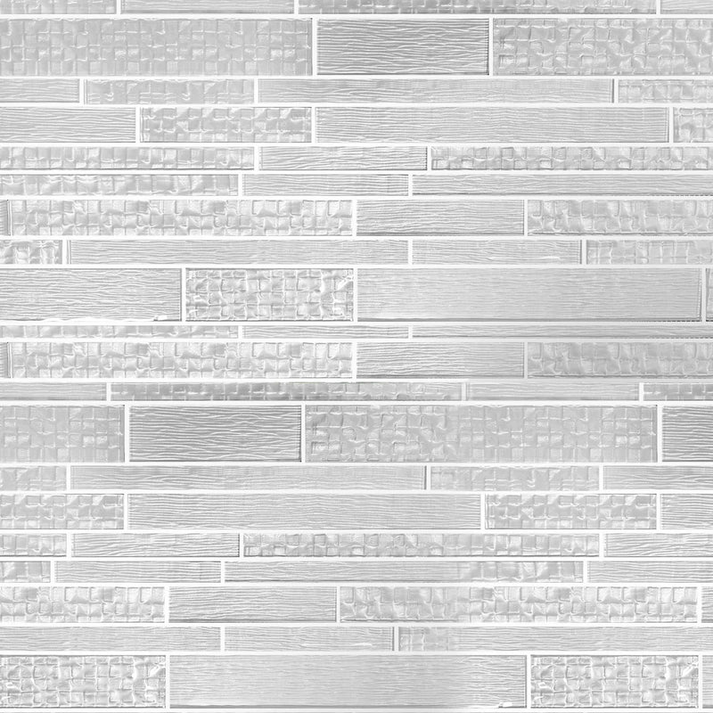 Sample display board of 6x18 inch Pure Glass Mix Mosaic Tile – showcasing random strip design and glossy glass finish