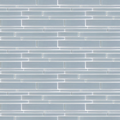 Sample display board featuring Ice Denim Glass Mix Random Strip Mosaic Tile – icy blue and denim glass strips, perfect for showroom display.