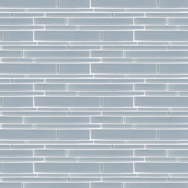 Sample display board featuring Ice Denim Glass Mix Random Strip Mosaic Tile – icy blue and denim glass strips, perfect for showroom display.