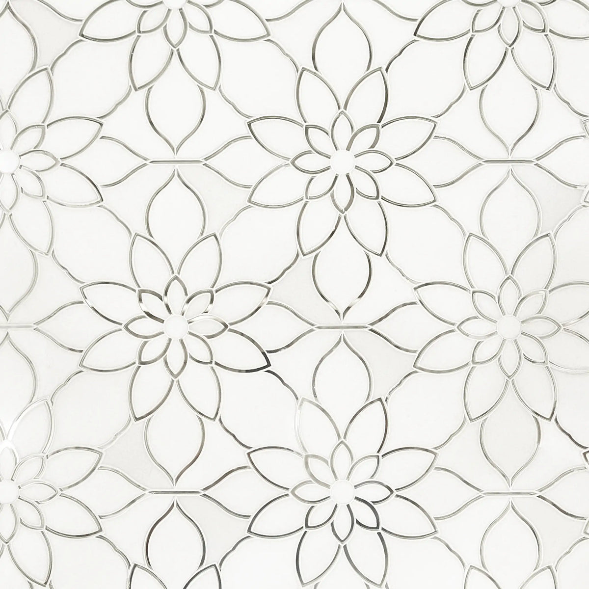 Sample display board showcasing Thassos & Mirror Floral Waterjet Mosaic Tile – floral pattern combining polished marble and mirror pieces.